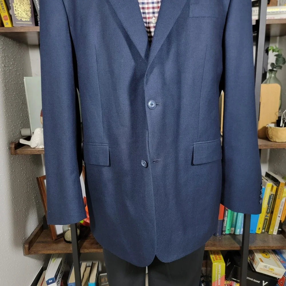 Stafford Essentials Men's Sport Coat Blazer Two Button Navy Blue‎ Poly Blend 46L